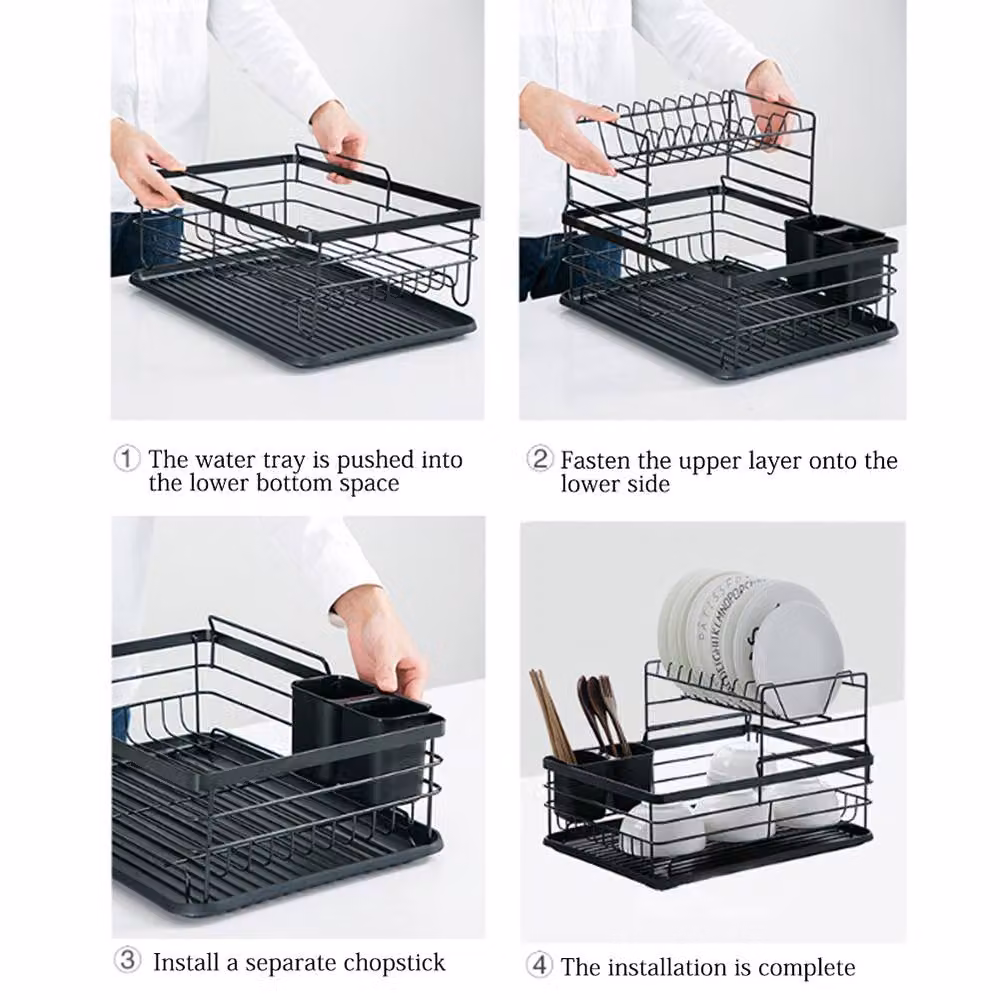 Garden Sanctuary 2-Tier Metal Kitchen Dish Drainer Rack with Drip Tray in Black – 7