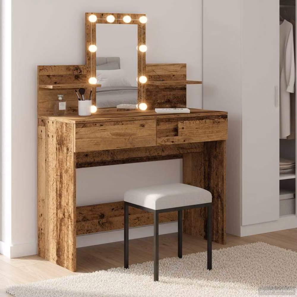 Berkfield Home Hollywood LED Dressing Table with Mirror in Brown Rustic Wood – 2