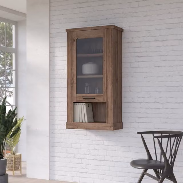 Furniture To Go Corona Wall Display Cabinet in Tabak Oak with Glass Doors