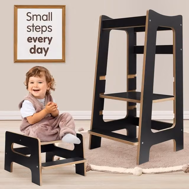 Love For Sleep 2 in 1 Montessori Learning Tower and Step Stool in Anthracite and Pine
