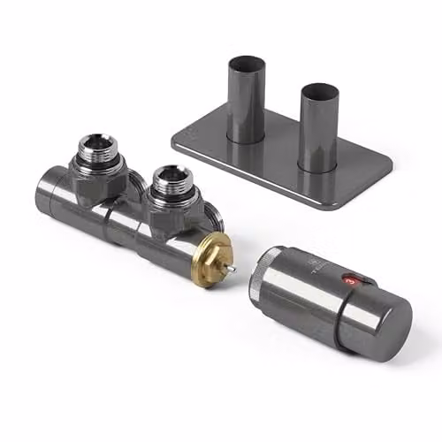 Terma Vario Twins Angled Accessory Valve Set with Thermostat Head and Pipe Masking, 50mm, Sparkling Grey