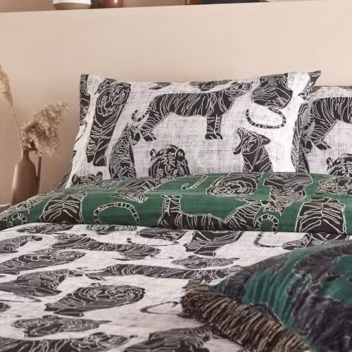 Terrys Wild Cat Reversible Duvet Cover and Pillowcase Set, Green and White, W/D/H: 200 x 200 cm – 2