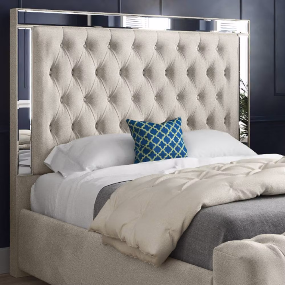 Casani Zennor Mirror Upholstered Designer Bed Frame in Beige Velvet, Super King, 200 x 200 cm – 3