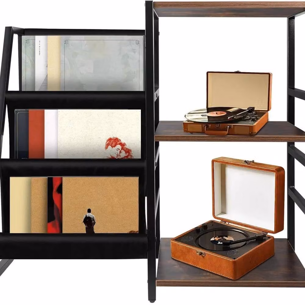 Kelvenix Mid-Century Record Player Stand with 3-Tier Vinyl Storage in Brown – 3