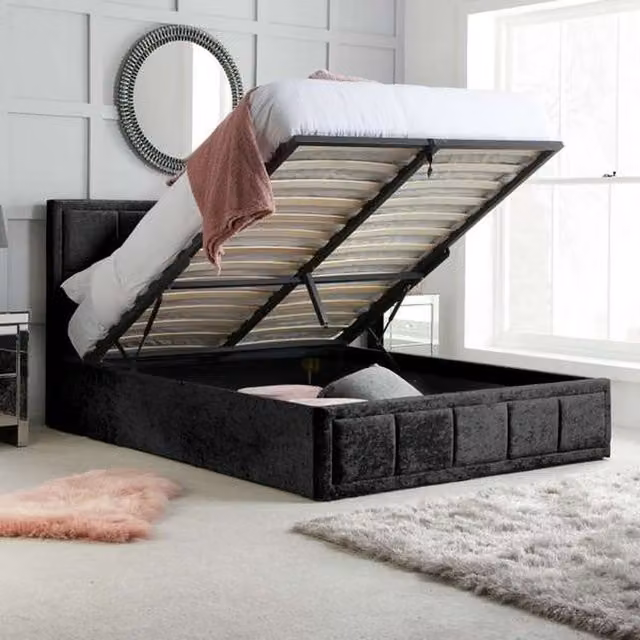 Birlea Hannover Modern Upholstered Velvet Ottoman Bed in Black, W/D/H: 140 x 200 cm