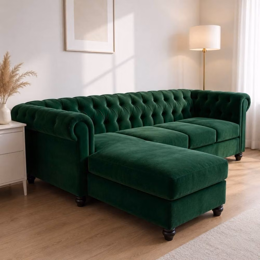 Sofaya Hampton 4 Seater L Shape Chesterfield Sofa in Green Velvet with Left Hand Chaise – 3