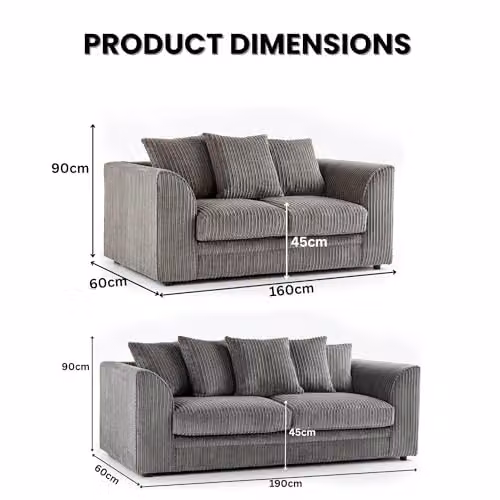 SofaSelection Jumbo Cord 3 and 2 Seater Sofa Set in Grey with Scatter Cushions and Solid Wood Frame – 2