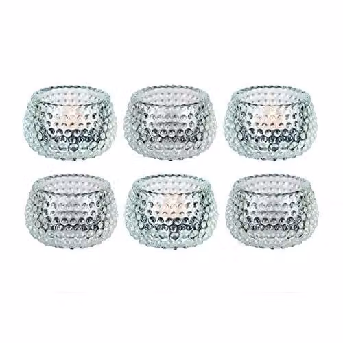 Simpa Set of 6 Chunky Transparent Bubble Glass Tealight Candle Holders, H 5.5 cm x Dia 8.8 cm