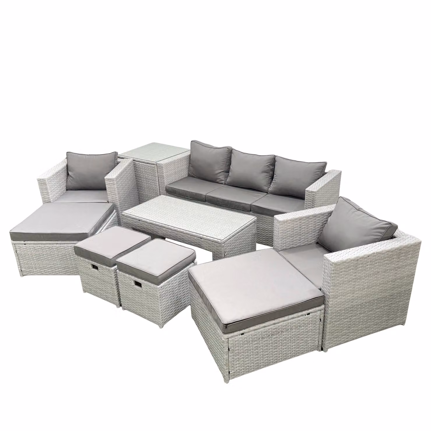 Fimous 9 Seater Outdoor Rattan Garden Furniture Set with Grey Cushions and Coffee Table in Light Grey – 2