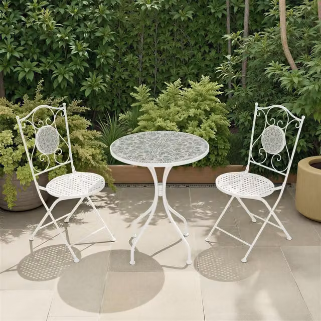 Seconique Ferne Modern Round Patio Dining Set with Table and Chairs in White and Green Leaf Floral Design – 1