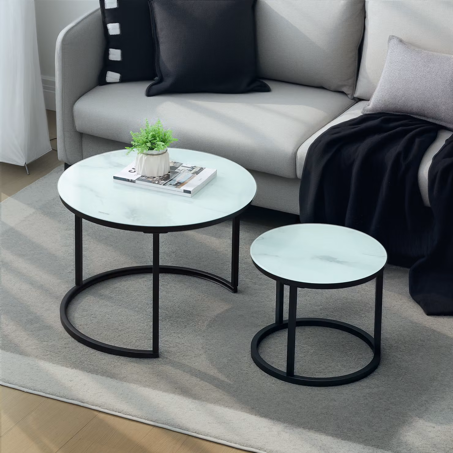 HOMCOM Set of 2 Modern Round Nest of Tables with White Marble-Effect Tempered Glass Tops – 2