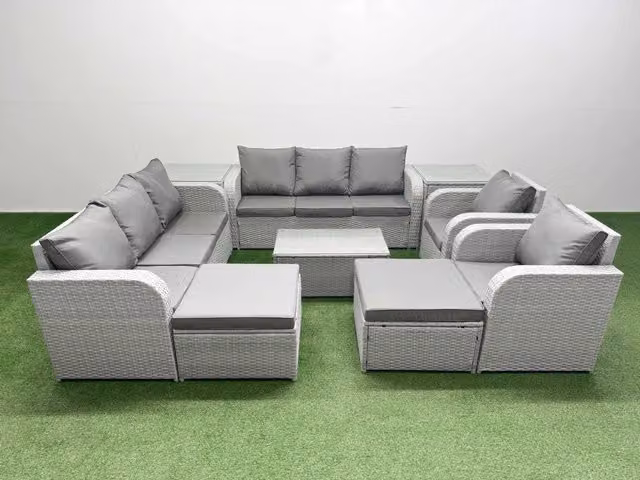 Fimous PE Rattan High Back Lounge Sofa Set in Light Grey with 3 Seater Sofa, Reclining Chair, 2 Ottomans, Coffee Table and 2 Side Tables