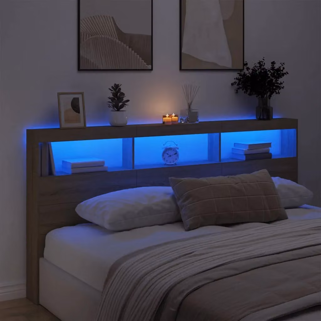 Berkfield Home Sonoma Oak Headboard Cabinet with LED Lighting and USB Charging Port, Brown, W: 200 cm, D: 17 cm, H: 102 cm – 3