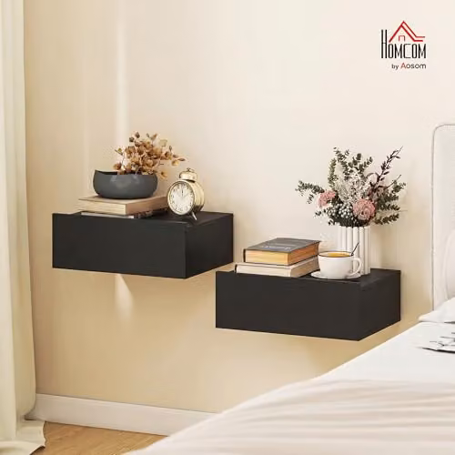 HOMCOM Set of 2 Black Wall-Mounted Floating Bedside Tables, W: 40 cm, D: 30 cm, H: 15 cm – 2