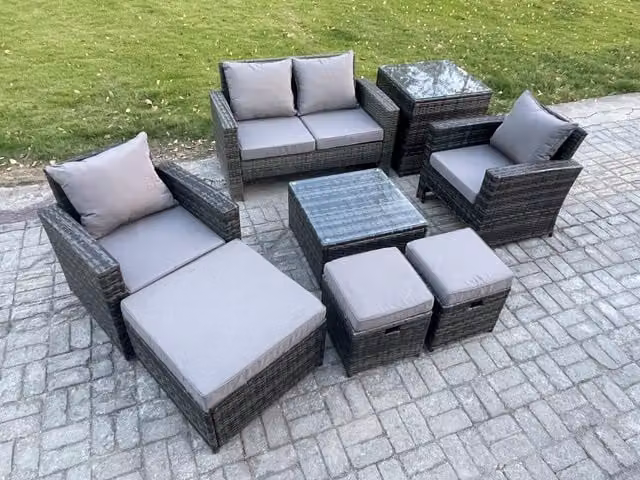 Fimous Rattan Garden Furniture Set in Dark Grey with 2 Seater Sofa, Armchair, Square Coffee Table and 3 Footstools
