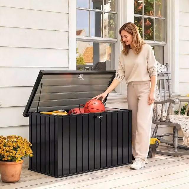 OUTSUNNY 400L Waterproof Metal Outdoor Storage Box with Lock and Keys in Black – 1