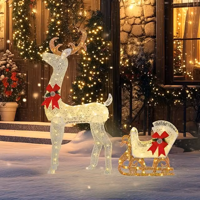 OUTSUNNY White Light Up Reindeer and Sleigh Christmas Decoration with 170 LED Lights – 1