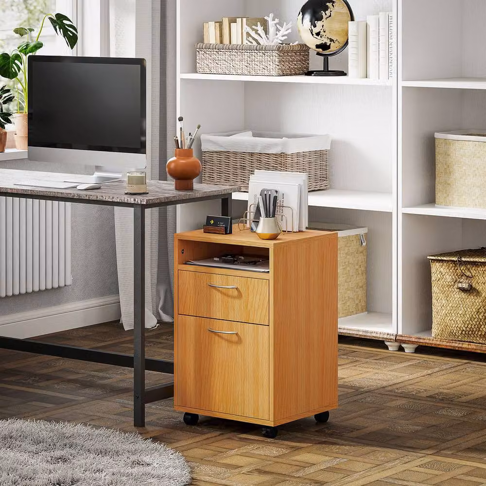 ERGOVEXA Mobile Filing Cabinet with 2 Drawers and Lock, Natural Wood Brown, H 60.0 cm x W 35.0 cm x D 40.0 cm – 5