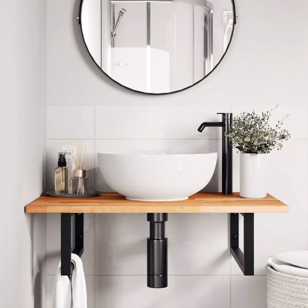 Berkfield Home Wall Mounted Basin Shelf in Brown Acacia Wood and Steel – 2