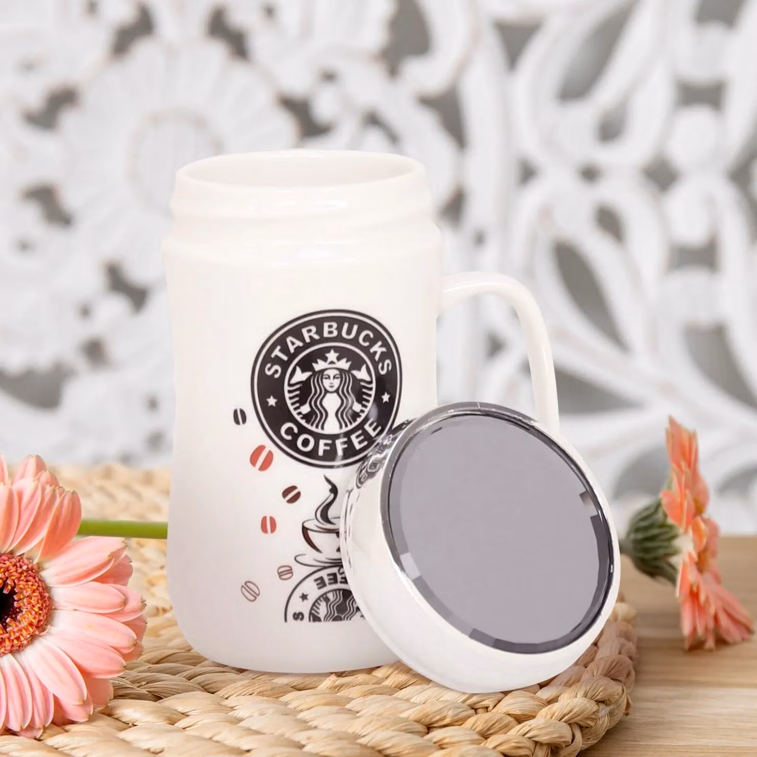 Set of 2 Starbucks Ceramic Travel Mugs with Lids in White – 3