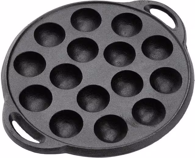KORVIXA Black Cast Iron 15 Hole Pancake and Crepe Pan with Double Handles, Diameter: 23 cm