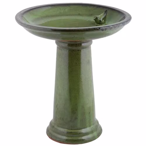 Esschert Design Ceramic Bird Bath on Pedestal in Green, H 45.0 cm x W 42.0 cm x D 42.0 cm – 1