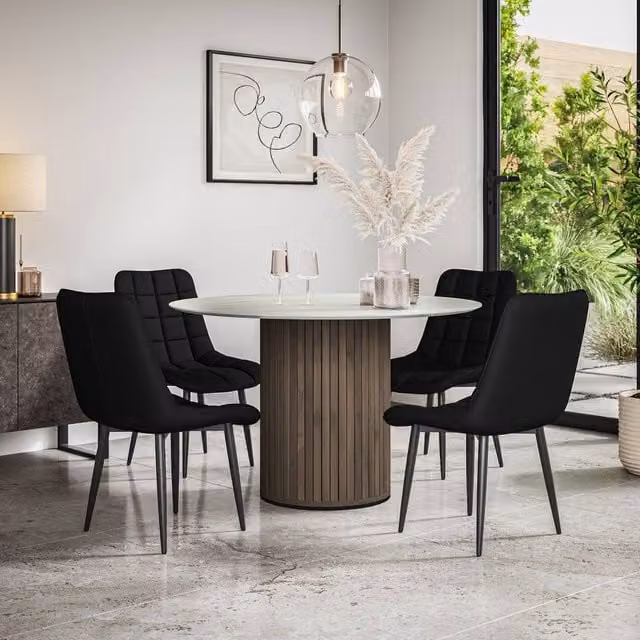 More4Homes Arlo Round White Marble Top Dining Table with Walnut Legs and 4 Black Nova Faux Leather Chairs, W/D/H: 120 x 120 x 75 cm