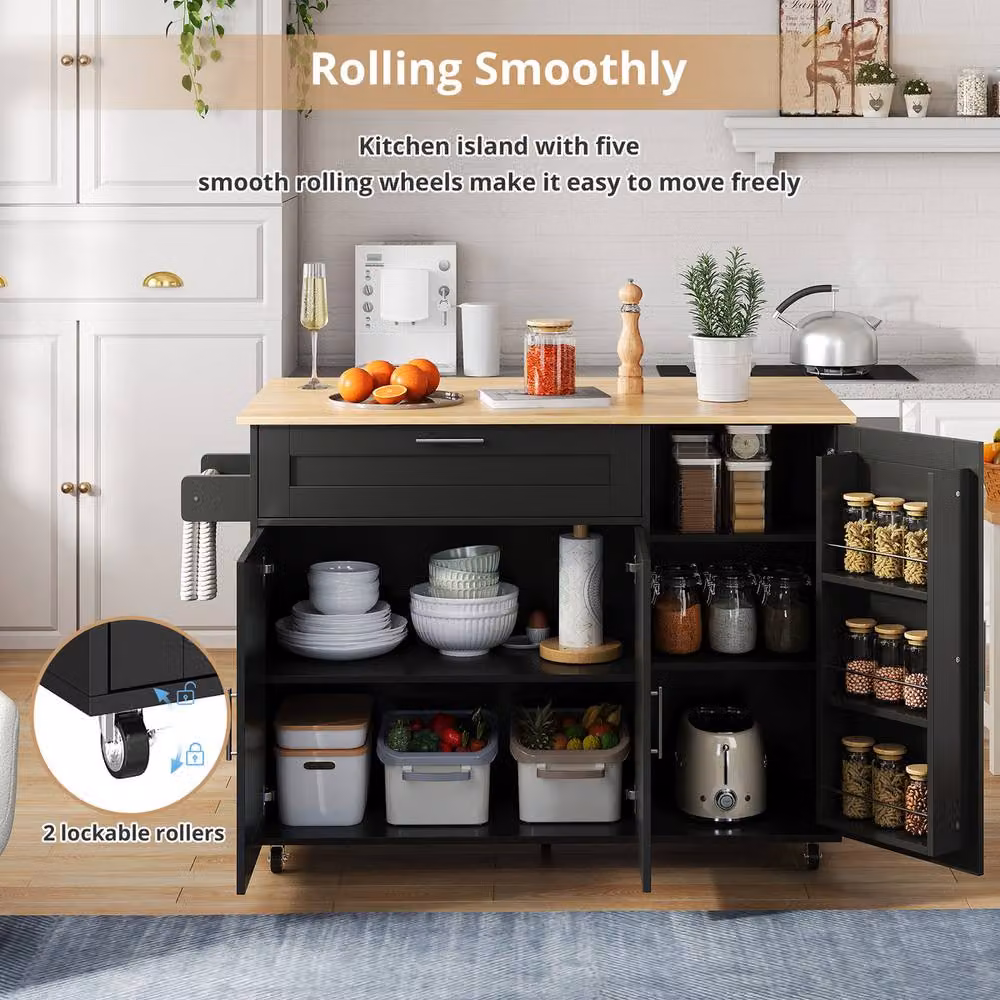 Rolipo Rolling Kitchen Island Cart with Drop Leaf Tabletop and Cabinet in Black – 3
