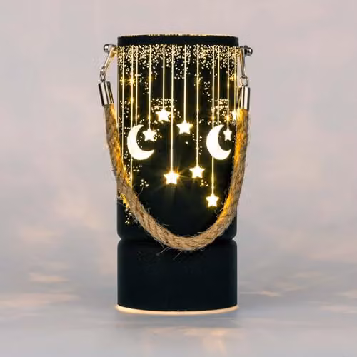 Shatchi Black and Gold Christmas Decorated LED Glass Lantern Vase with Moon and Stars Design, Height: 22 cm – 1