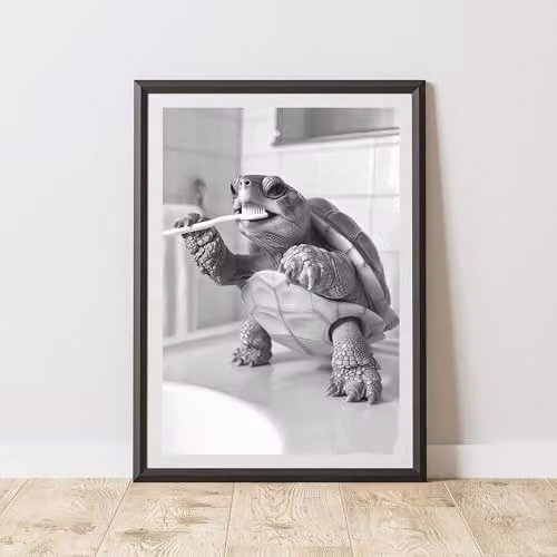 60 Second Makeover Turtle Brushing Teeth Animal Print Paper Poster, A4
