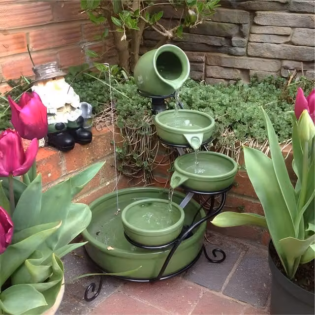 Primrose Solar Powered Ceramic Tabletop Cascade Water Feature in Green