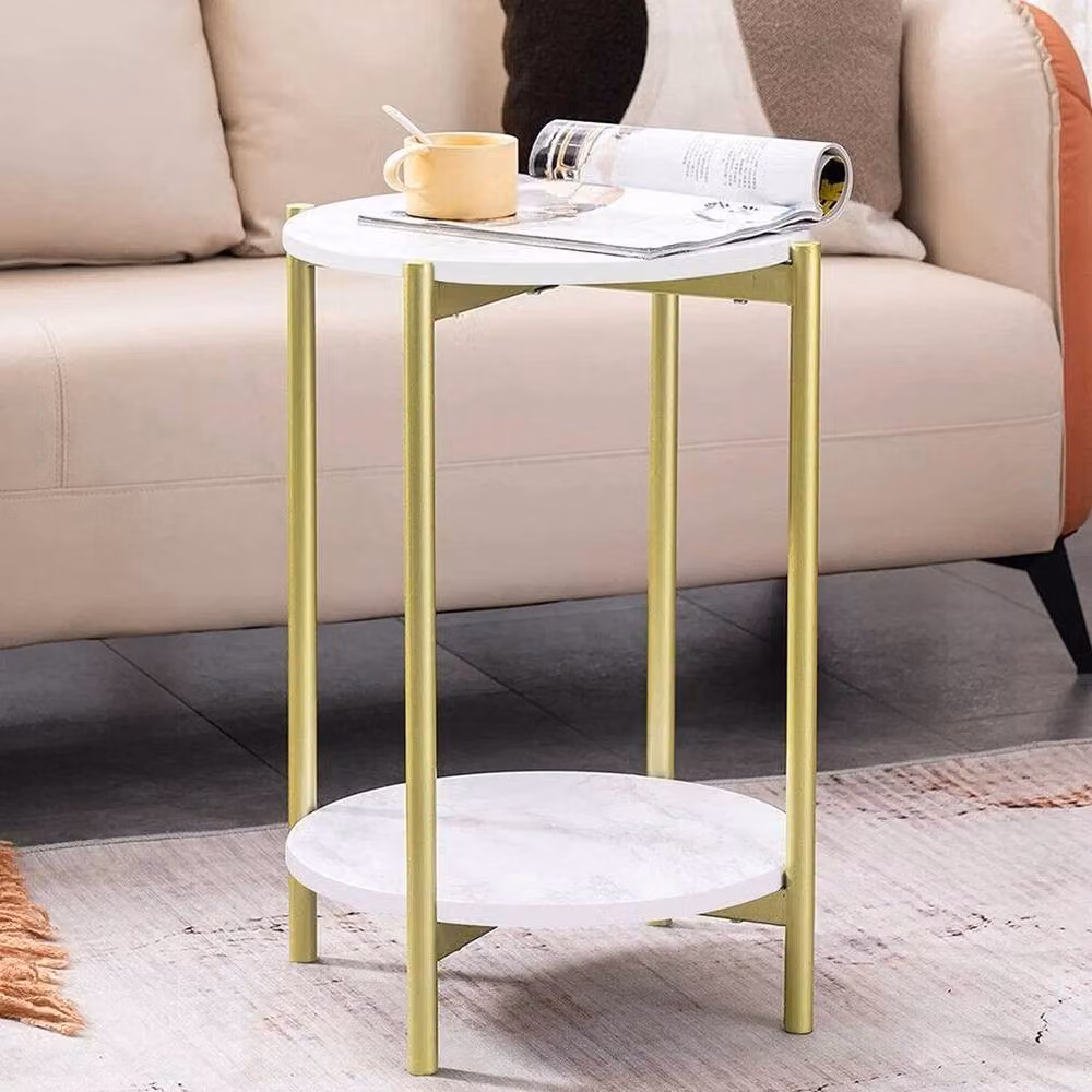 KORVIXA 2 Tier Round Ceramic and Metal Side Table in White and Gold, W/D/H: 100 x 100 x 55 cm – 2