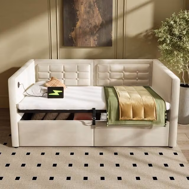 Rolipo Single Velvet Daybed with Hydraulic Storage and USB Charging Port, Beige, W/D/H: 90 x 190 cm