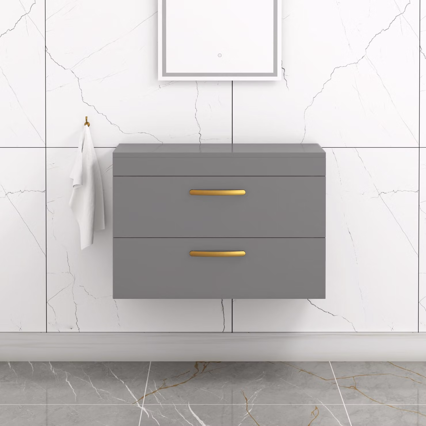 Royal Bathrooms 800mm Wall Hung Vanity Unit with 2 Drawers, Indigo Gloss Grey and Brushed Brass Handles