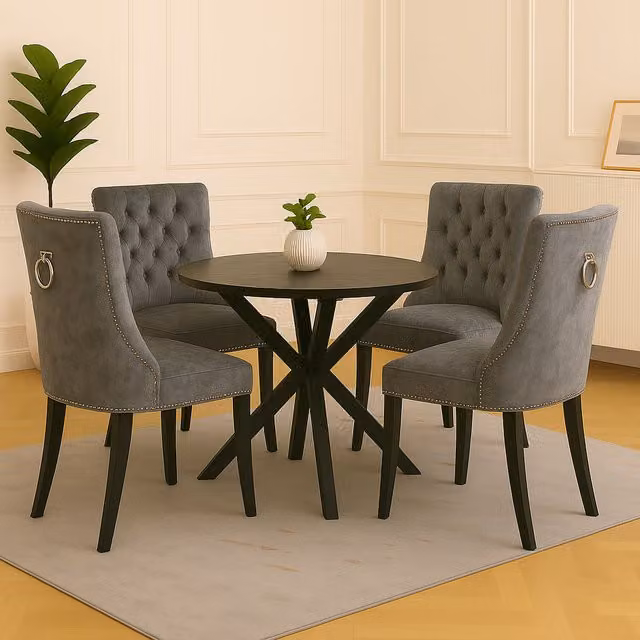 Neo Set of Four Studded Velvet Dining Chairs with Ring Knocker Detail in Dark Grey