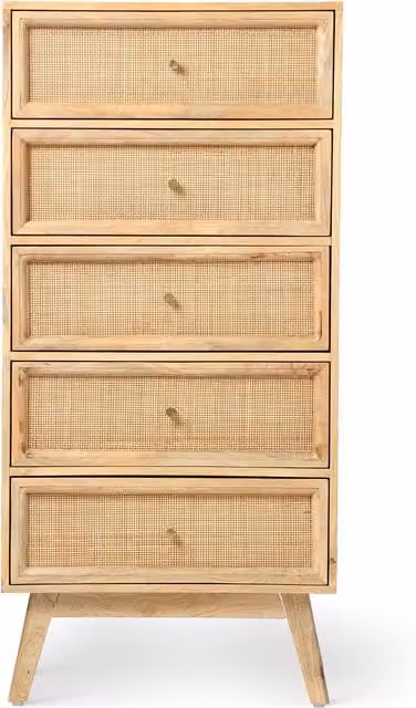 Venice Tall 5 Drawer Chest Unit in Mango Wood and Rattan, Neutral Brown