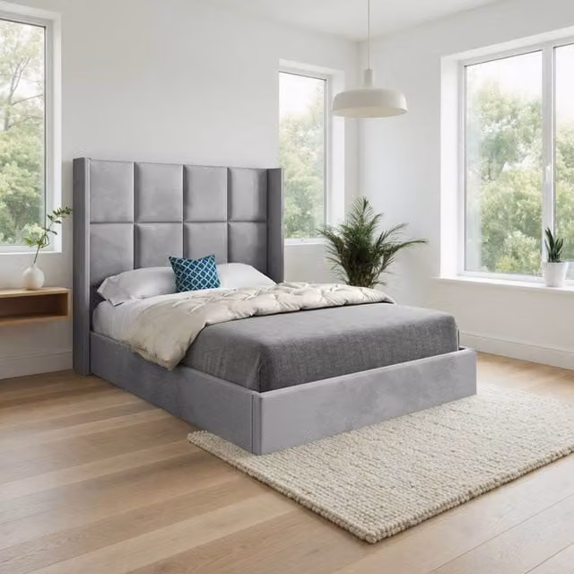KDMD Sproatley Winged Upholstered Designer Bed Frame in Grey Soft Velvet, W/D/H: 200 x 137 x 189 cm