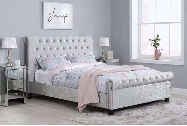 Birlea Sienna Upholstered King Size Bed in Silver Crushed Velvet with Lift Up Base – 1