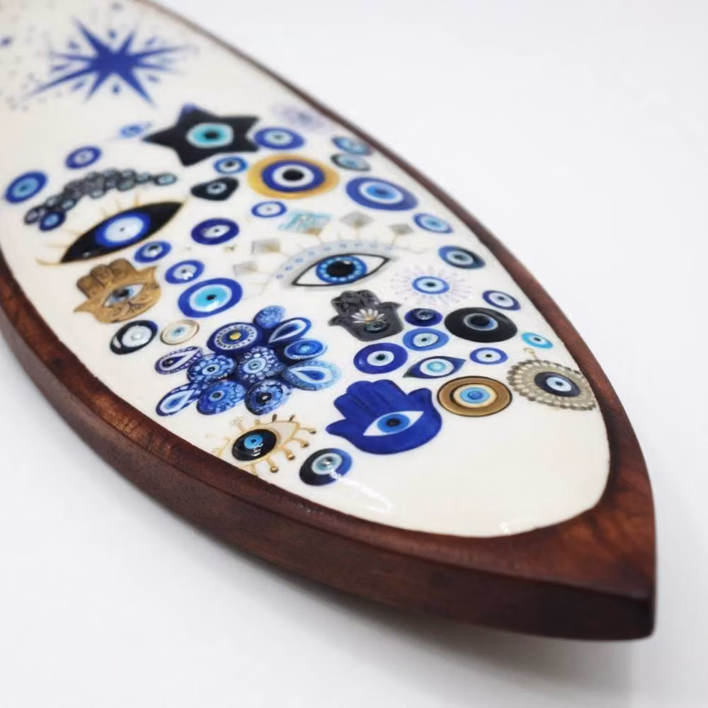 KDMD Handcrafted Blue Evil Eye Mango Wood Incense Bowl and Ash Catcher – 2