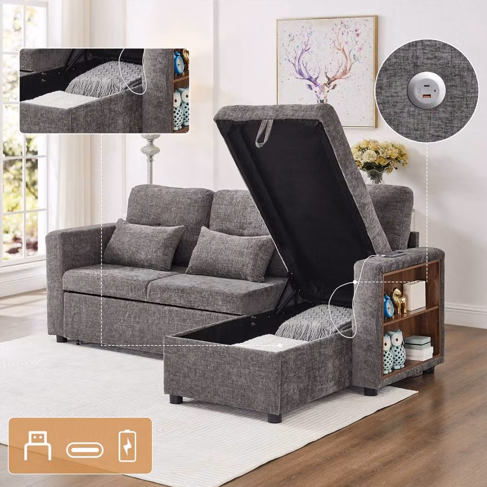 Rolipo 3-in-1 Convertible Chenille L-Shaped Sofa Bed with Storage and USB Charging, Grey – 6