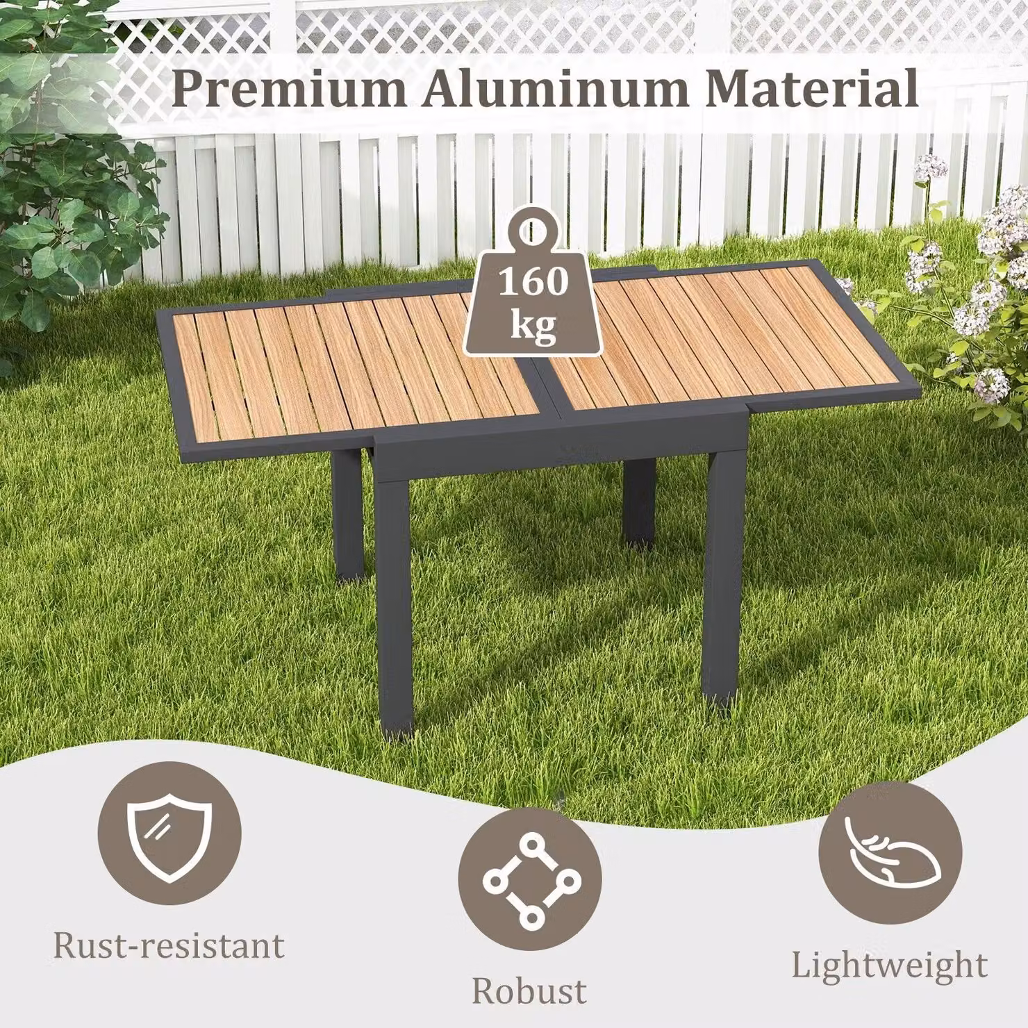 Costway Extendable Rectangular Patio Dining Table for 4-6 People in Brown Wood-like Aluminium – 3