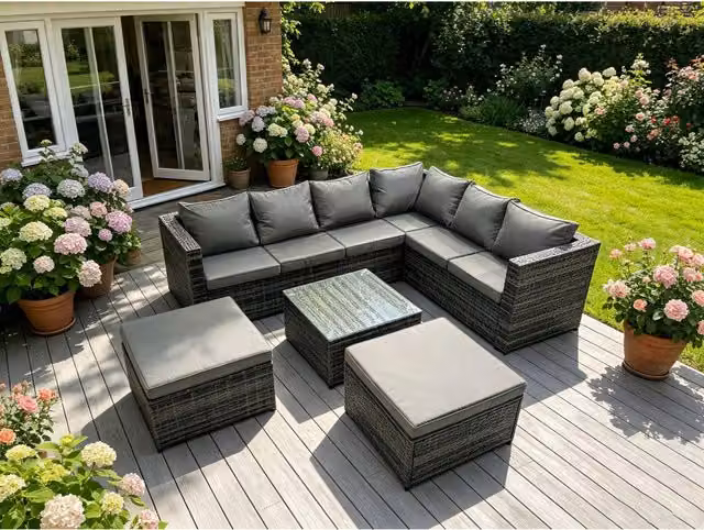 Fimous 6 Seater Anthracite Grey Rattan L-Shape Corner Sofa Set with Matching Ottoman and Outdoor Fabric Cushions – 2