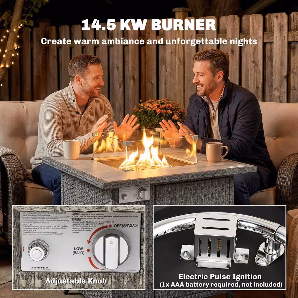 OUTSUNNY Grey Polyrattan Gas Fire Pit Table with Glass Top and Weather Cover, W/D/H: 142 x 71 x 62 cm – 5