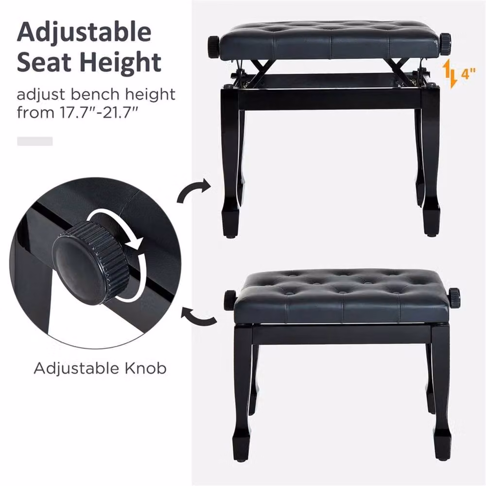 Nordara Height Adjustable Faux Leather Piano Stool in Black, W/D/H: 70 x 50 x 35-55 cm – 6