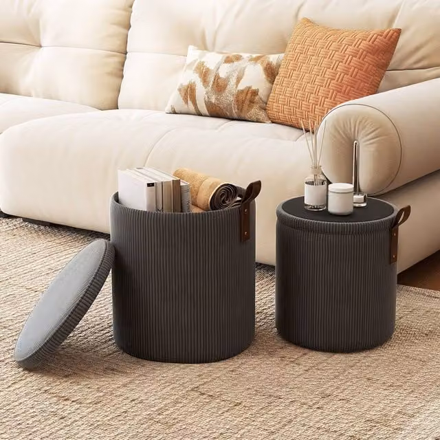 Costway Set of 2 Modern Round Upholstered Vanity Stools with Removable Lids in Grey – 1