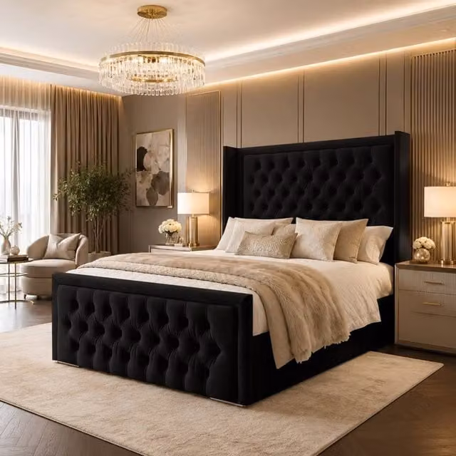 Desire Deco Luxury Wingback Upholstered Chesterfield Bed Frame in Black Velvet, Size: Double (140 x 200 cm)
