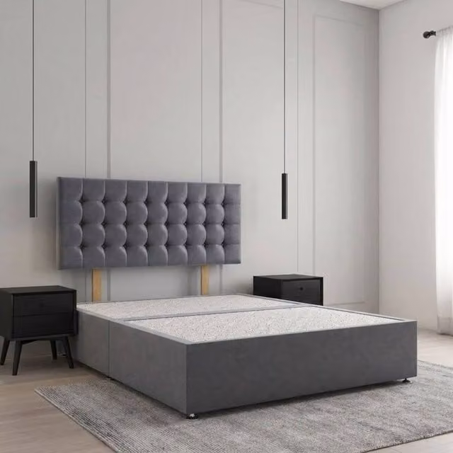 Regional Furnishings Plush Velvet Double Divan Bed Base with 24 Inch Headboard in Charcoal Grey, W/D/H: 140 x 200 cm