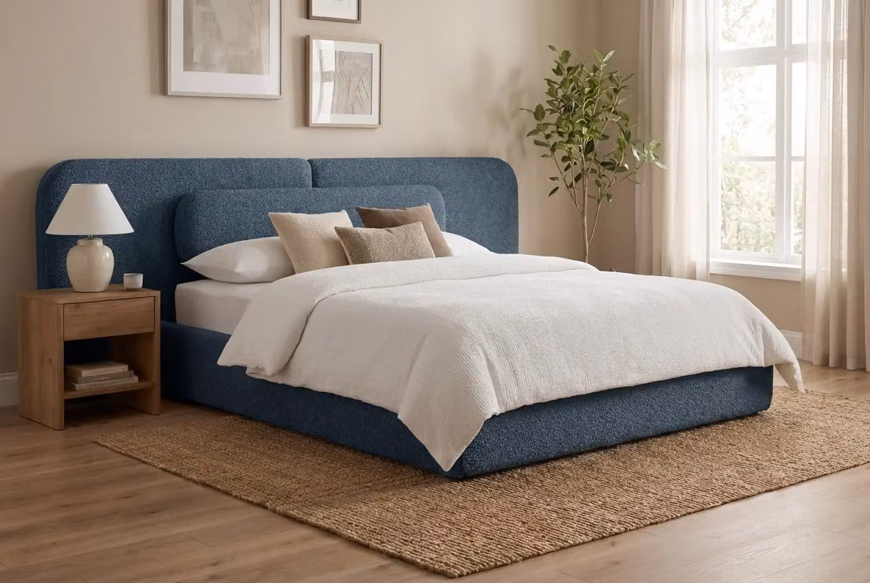 Araco Atelier Nova Bed Spindle Upholstered Modern Bed in Beige or Blue