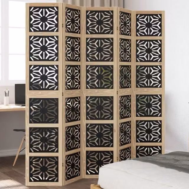 Berkfield Home 5 Panel Geometric Room Divider in Brown and Black Solid Paulownia Wood