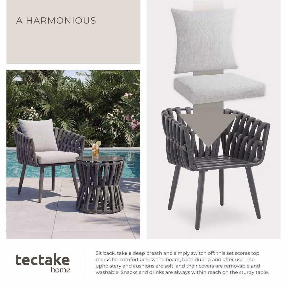 tectake Lugano Rope Design Garden Set in Dark Grey with Aluminium Frame and 1 Seater Configuration – 6